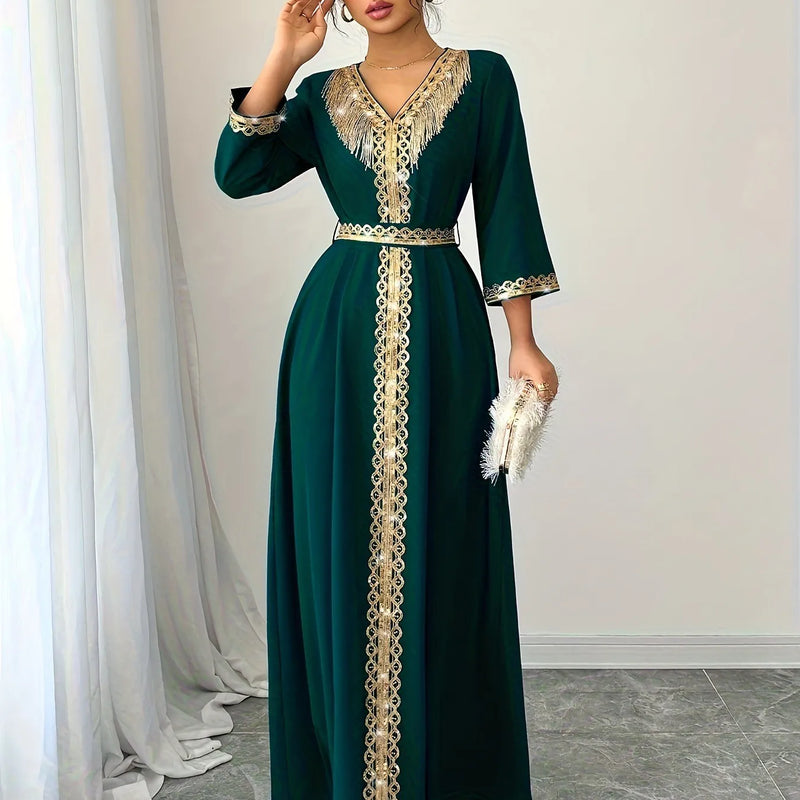 Moroccan Kaftan Abaya Women Dubai V Neck Gold Fringe | SAMAG