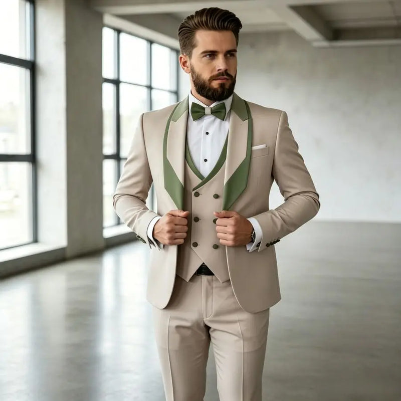 3 Pieces Men's Slim Fit Wedding Tuxedo Beige Groom Prom Dinner Blazer Vest Pants Set Classic Business Formal Suit for Men