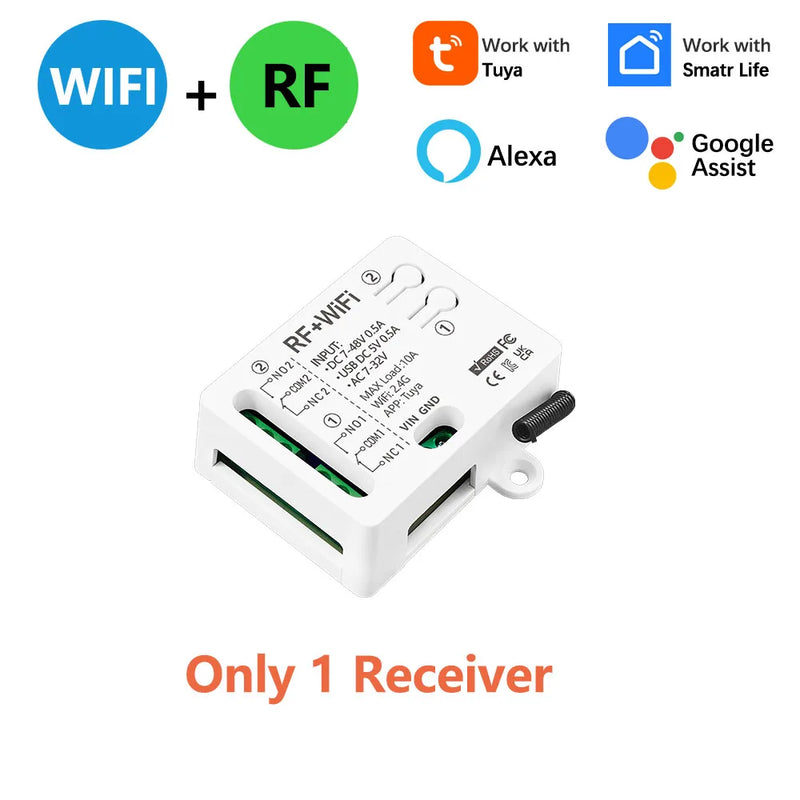 Tuya WiFi RF Switch DC 12V 24V 2Channels Dry Contact Relay Wireless Remote Control Transmitter 50m work with Google Assist,Alexa