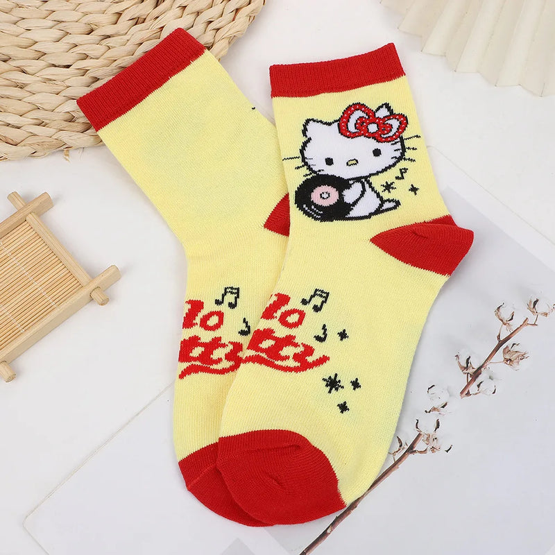 Sanrio 3 Pairs Four Seasons Women's Sweet And Cute Cartoon Hello Kitty Pattern Versatile Casual Sweat Absorbing Long Socks