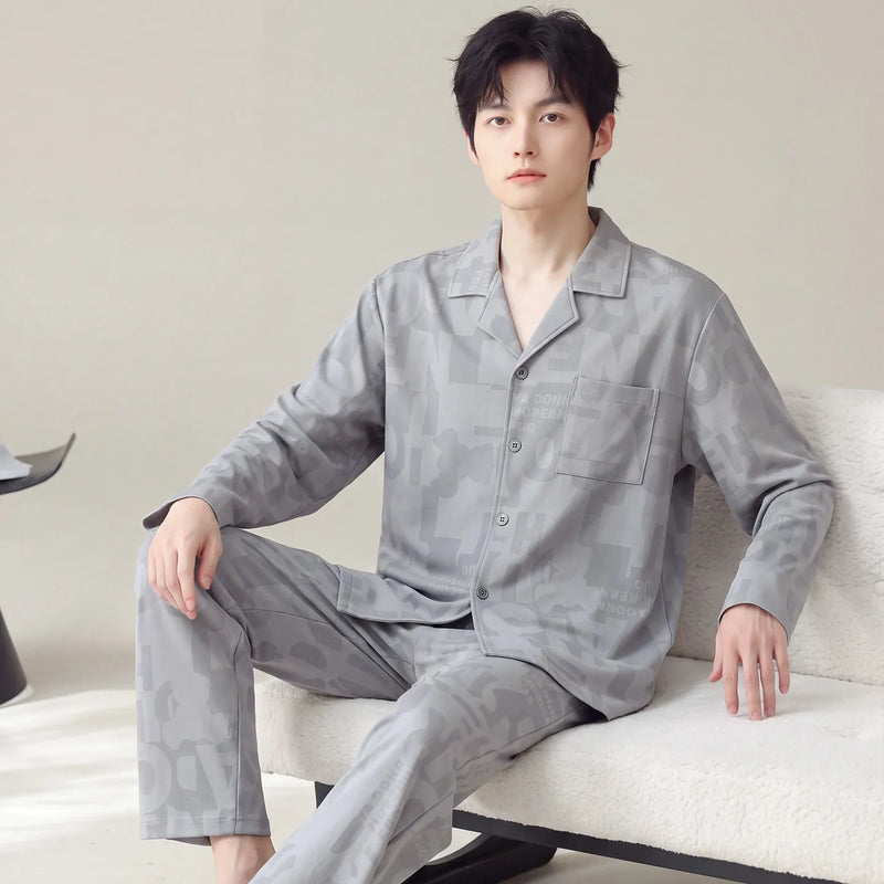 Autumn Spring Plaid Cardigan Sleepwear for Men 2026 New Fashion Homewear Male Size L-3XL Long Sleeves trouser 2Pcs/set Pajamas
