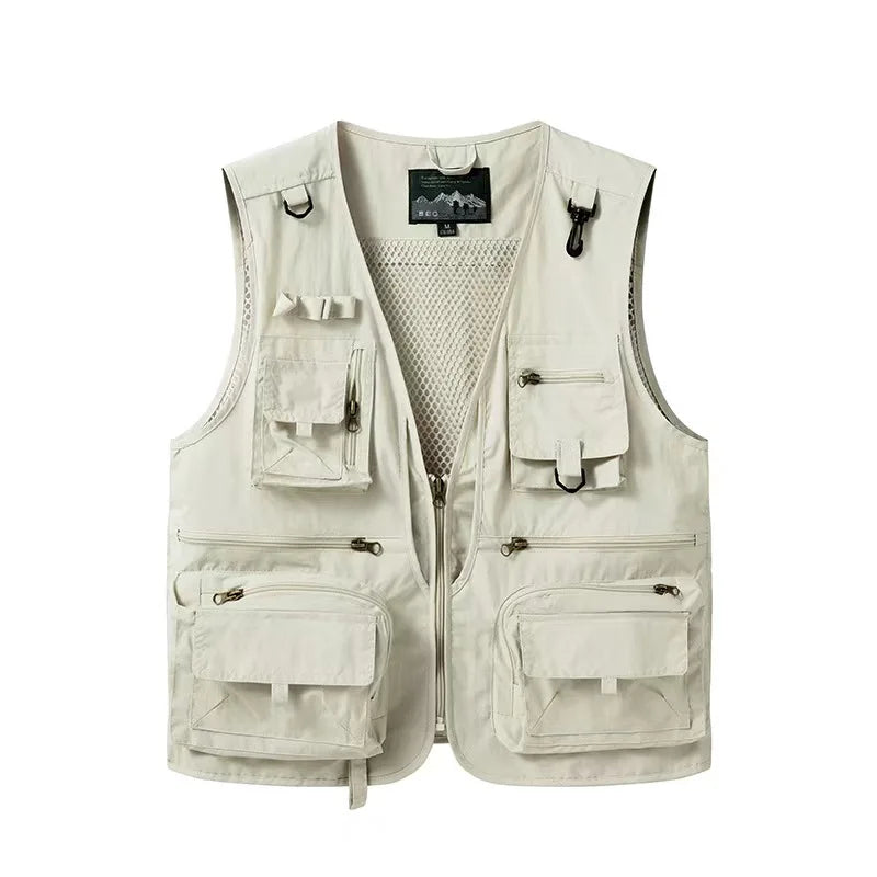 Men Work Vest 2025 Summer New Solid Colour Multi-pocket Casual Loose Waistcoat Fishing Photography Coat Man Sleeveless Jacket