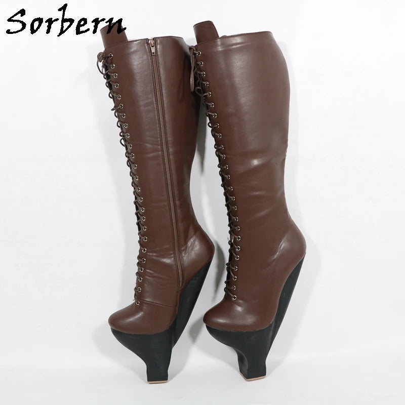 Sorbern Red Matte Hard Shaft Boots For Women Small Heels Knee Hjigh Lace Up Fetish Cosplay Boots Custom Colors