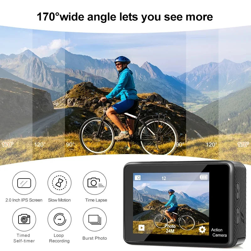 Regaton Action Camera 4K 30FPS 24MP WiFi 170° Wide Angle Len Dual Screen Display Video Camera 30M Underwater Waterproof Camera