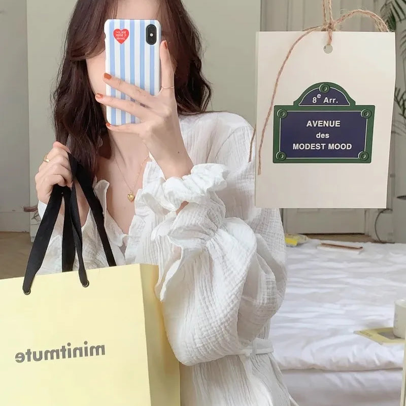 Women's Spring and Summer New Simple Long-Sleeved Robe Girls Sweet Ins Wind Ruffled Thin Section of Solid Color Pajamas Home Wea