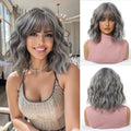 Short Silver Gray Curly Wavy Synthetic Wigs with Bangs for Women Grey Bob Cosplay Party Lolita Natural Hair Wig Heat Resistant