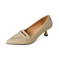 style new apricot high heels thin heel cowhide kitten heel middle mouth one pedal pointed single shoes women's super large size