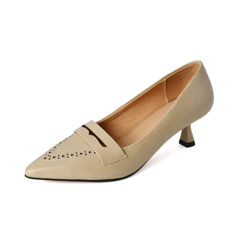 style new apricot high heels thin heel cowhide kitten heel middle mouth one pedal pointed single shoes women's super large size