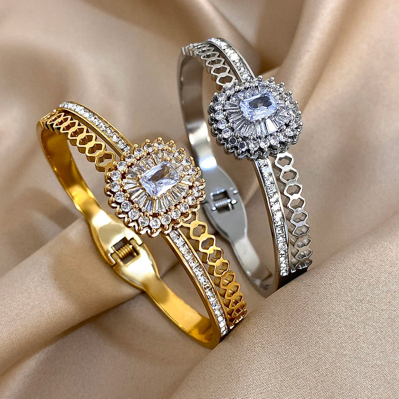 Stainless Steel Bangle Bracelet Inlay Luxury Rhinestones Gorgeous Synthetic Zirconia Geometric Oval Square Stars Shape for Women