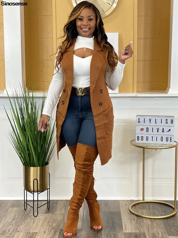 Women's Long Sleeveless Draped Open Front Sweater Vest Cardigan Side Pockets Button Daily Wear Going Out Date Draped Duster Vest