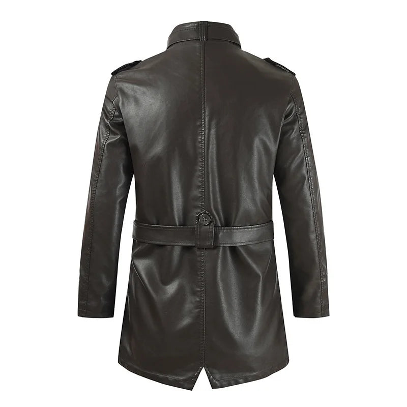 Autumn And Winter New Men's Medium And Long Leather Jacket Stand-up Collar Piled Thickened PU Leather Jacket