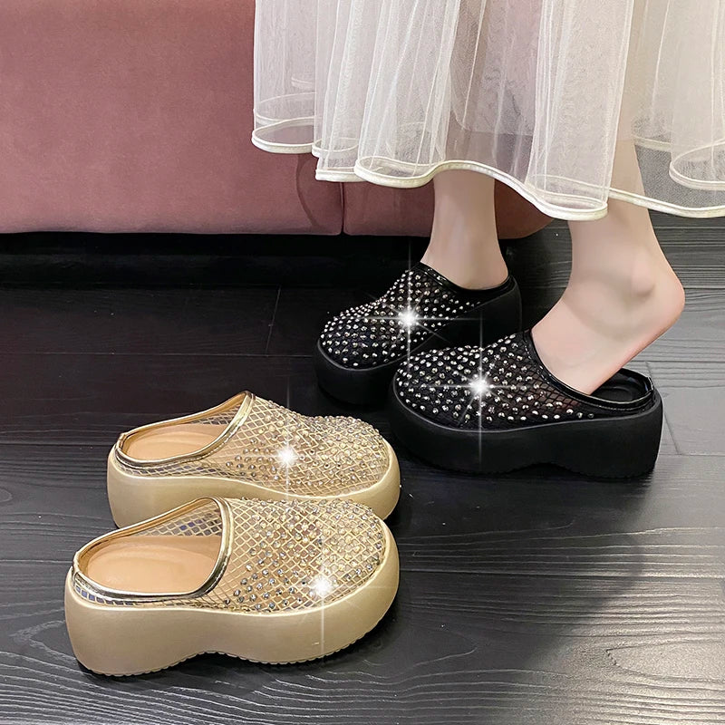 Summer Women Glitter Rhinestone Mesh Hollow Out Round Toe Platform Mules Slide Slippers Non Slip Casual Slippers Shoes for Women