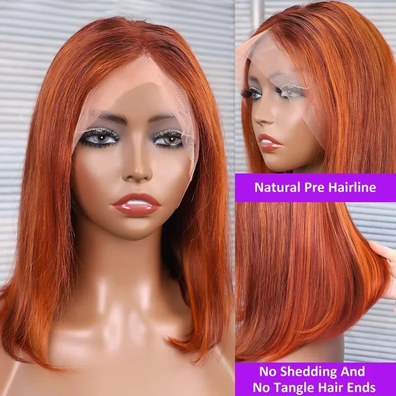 13x4 Straight Lace Front Bob Wig 100% Human Hair Wigs Ginger Orange Silky 200% Density Highlight Orange Color P4-350 Pre Plucked