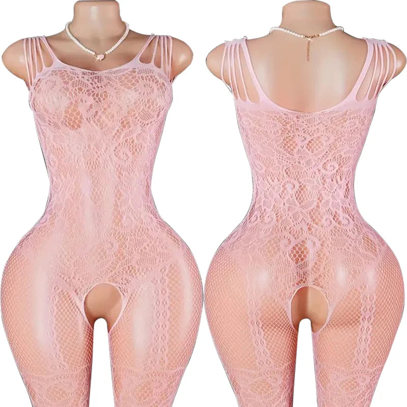 Sling Halter Neck Baby Dolls Underwear Fishnet Hollow Bodystockings Sexy Lingerie Women Cross Legged Crotchless Babydolls Dress