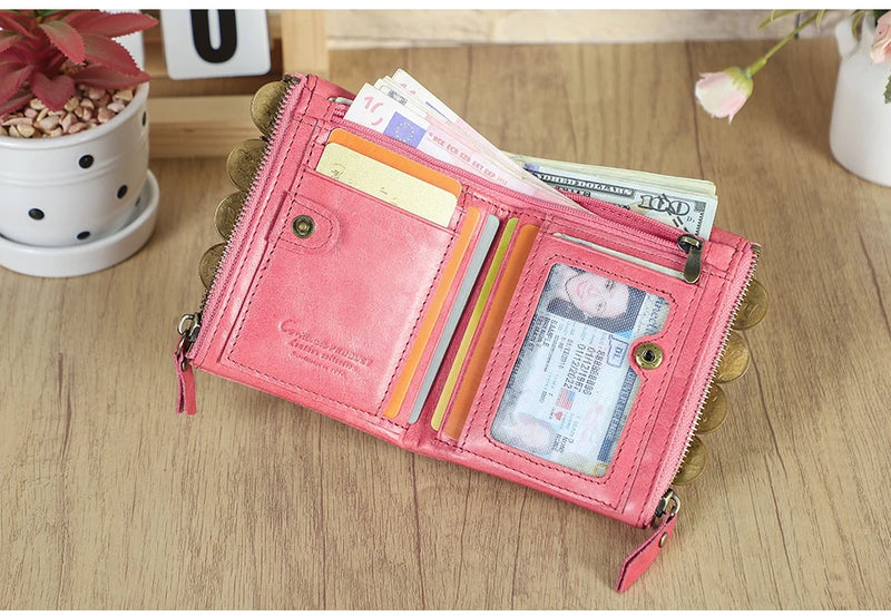 CONTACT'S Fashion Genuine Leather Women Wallet Bifold Card Holder Coin Purse Small Women's Purse Money Clip Men Pocket Wallets