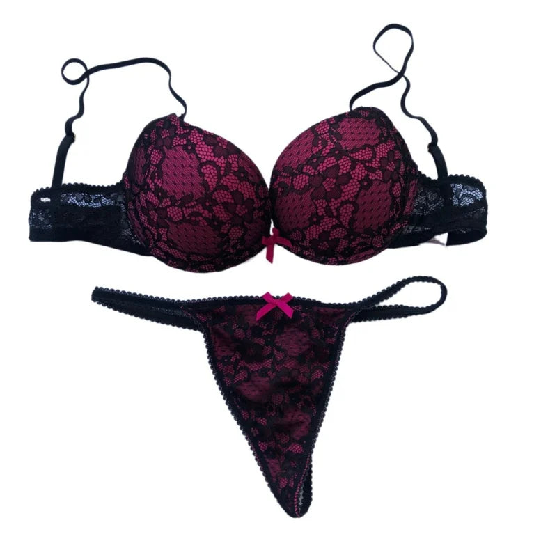 Cotton Deep V Lace Surface Push Up Sexy Bra Panty Sets Matching Bow G-string Comfortable Underwear Women Lingerie Set Intimates