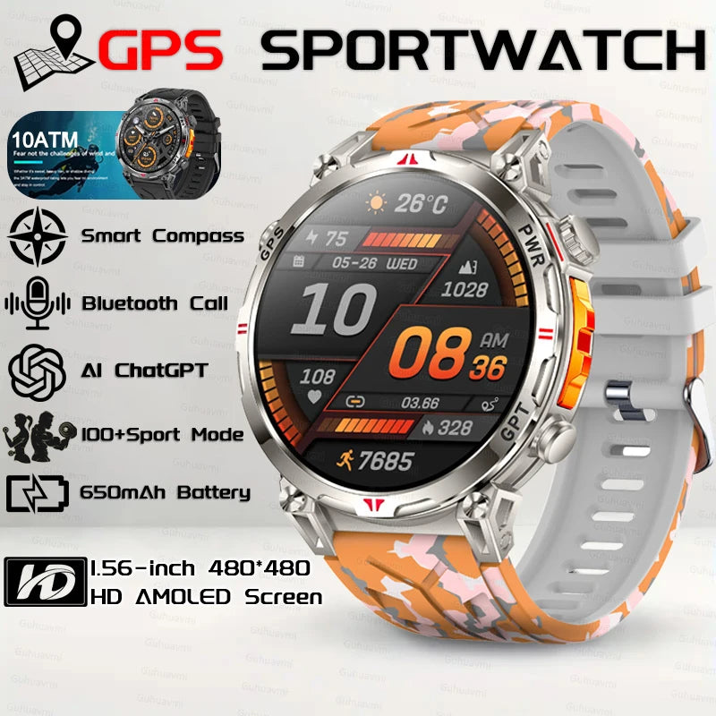 2026 New Outdoor GPS Sports Smartwatches Men Compass 10ATM Waterproof 24/7 Health Monitoring Chat GPT Bluetooth Call Smart Watch