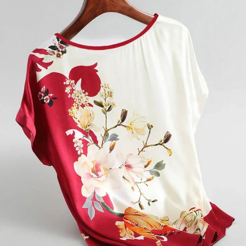Plus Size Women's Silk Satin Blouse Spring Summer Floral - View 4 | SAMAG