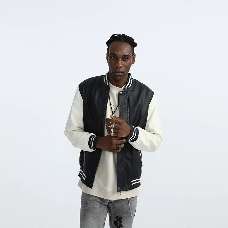 Men's Autumn Casual Baseball Collar PU Leather Jacket Contrasting Large Size Washed Leather Jacket Men's