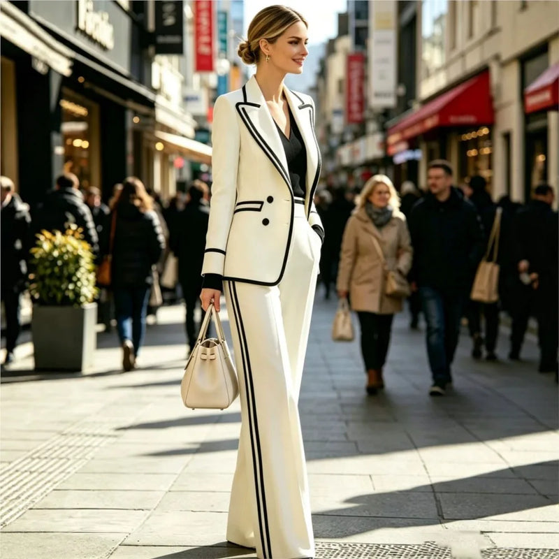 Elegant Women's Double Breasted Blazer Casual 2 Piece Set Autumn Lapel Long Sleeve Blazer Coats With Long Pants Office Suits