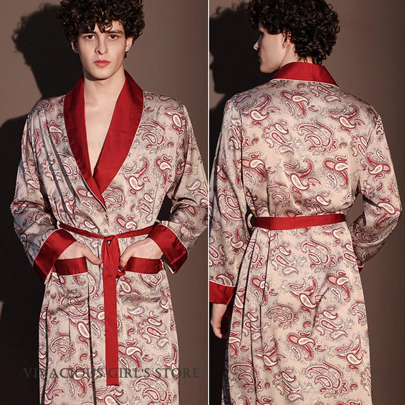 New Men's 3PCS Robe Sets Pajama Ice Silk Rayon Kimono Gown Bathrobe Loungewear Loose Print Home Clothes Nightwear Male Sleepwear