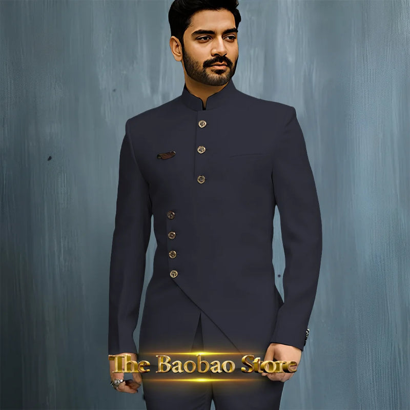 Matching Design Men's Suit 2pcs African/Indian Safiri Attire Customized Set with Gold Button for Wedding Party Formal Events