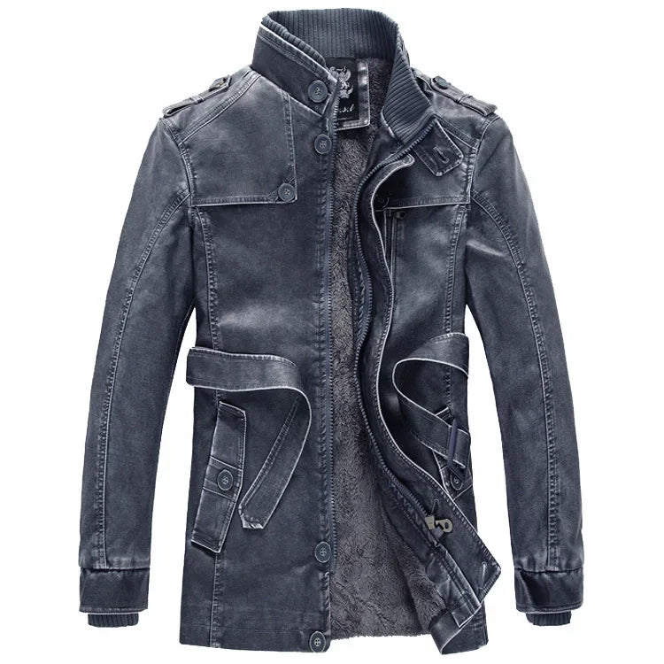 Men Fashion Warm Casual Vintage Faux Leather Jacket Coat Men Winter Brand New Long Thick Fleece Windproof Warm Leather Jacket
