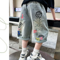 Kids Boys Graffiti Drawing Denim Shorts Elegant Children Casual Ripped Short Jeans Capris Pants 5 6 7 8 9 10 11 12 13 14 Year