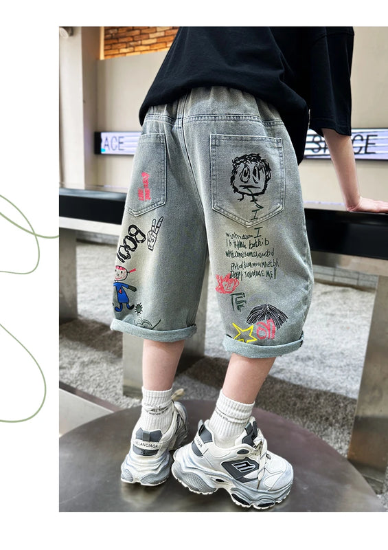 Kids Boys Graffiti Drawing Denim Shorts Elegant Children Casual Ripped Short Jeans Capris Pants 5 6 7 8 9 10 11 12 13 14 Year