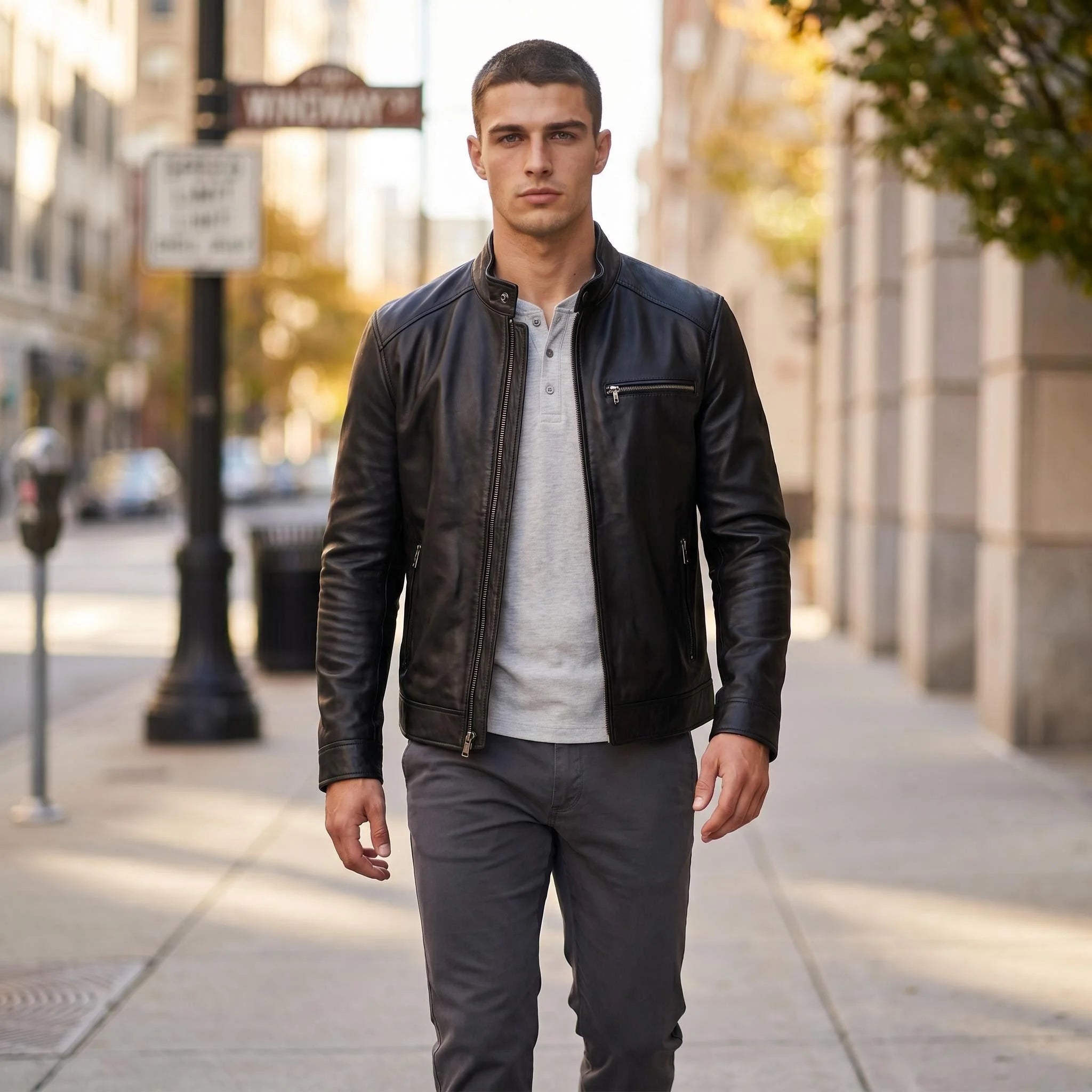 Genuine Cow Leather Men Jacket Short Stand Collar Biker Motorcycle Coat Fashion Slim Real Leather Casual Outerwear