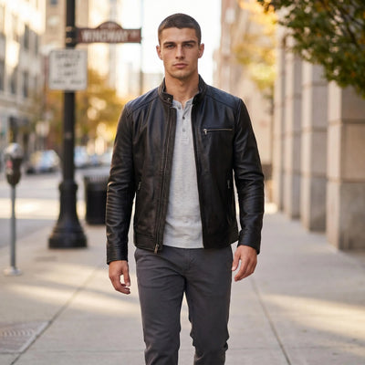 Genuine Cow Leather Men Jacket Short Stand Collar Biker | SAMAG