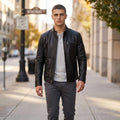 Genuine Cow Leather Men Jacket Short Stand Collar Biker Motorcycle Coat Fashion Slim Real Leather Casual Outerwear