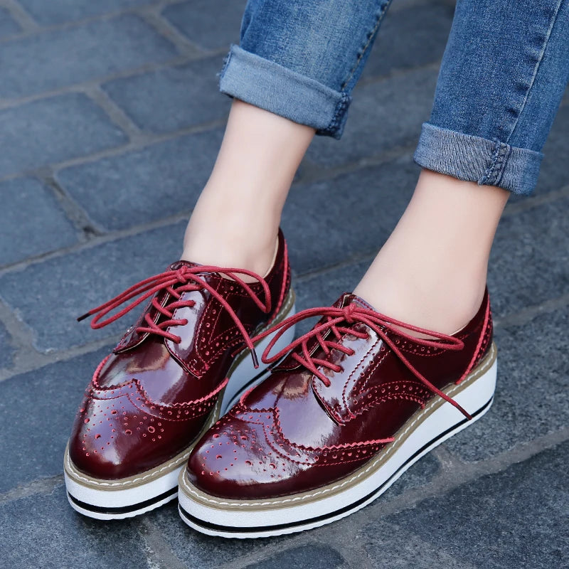 STRONGSHEN British Style Women Brogue Shoes Round Toe Oxfords Platform Casual Leather Footwear Increase 4.5cm Sapatos Chaussures