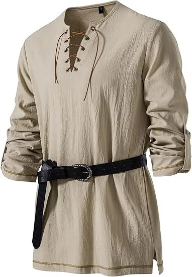 Men Medieval Lace Up Linen Long Sleeve Tunic Viking | SAMAG