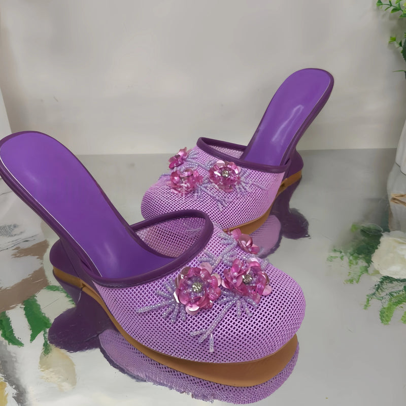 European and American Fashion Hollow Flower Baotou Banquet Half Slippers for Women's Outdoor Versatile Slope Heel Fashion Shoes
