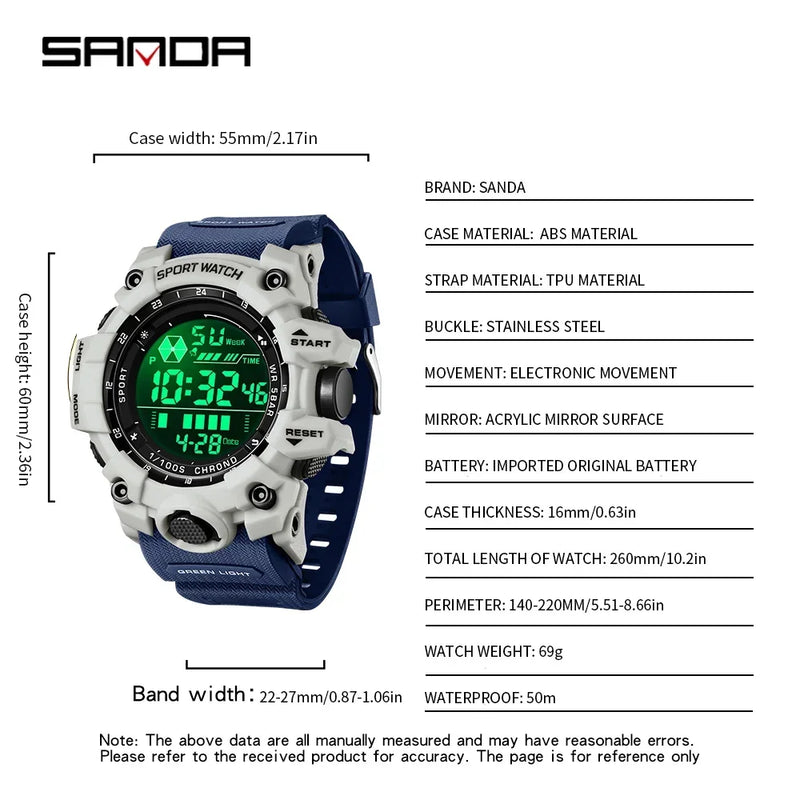 SANDA 6229 Men Outdoor Sports Watch Waterproof Analog Digital Show Multifunction Big Dial Electronic Wristwatch style Male Cloc