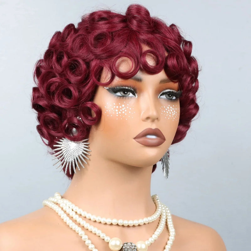 Curly Pixie Cut Human Hair Wigs For Women Black Full Machine Made Short Curly Wigs For Women Brazilian Remy Hair 200% Density