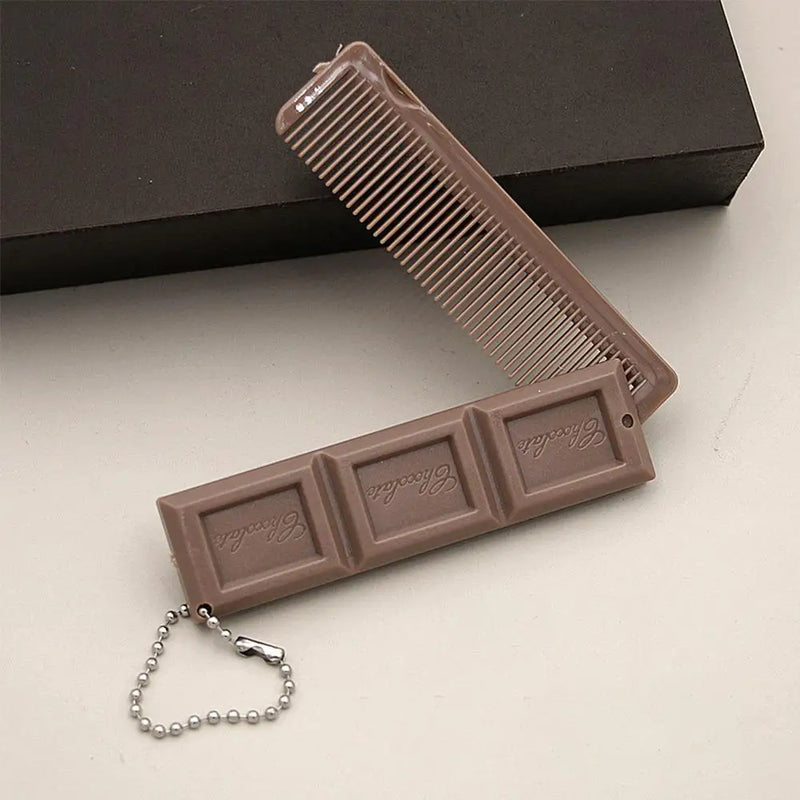 2 in 1 Portable Folding Comb Chocolate-Shaped Mini Compact Hair Comb with Mirror Creative Travel Hair Smooth Styling Tool