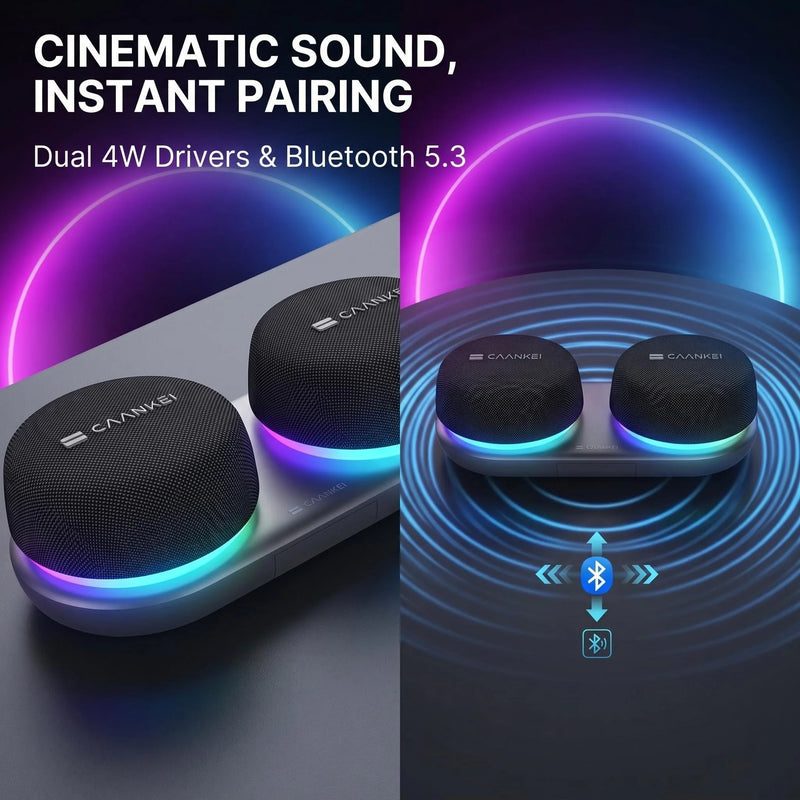 Dual Bluetooth Speaker Set with Magnetic Base & Phone Stand TWS Stereo Sound 10H Playtime RGB Music Sync Lights for Home Theater