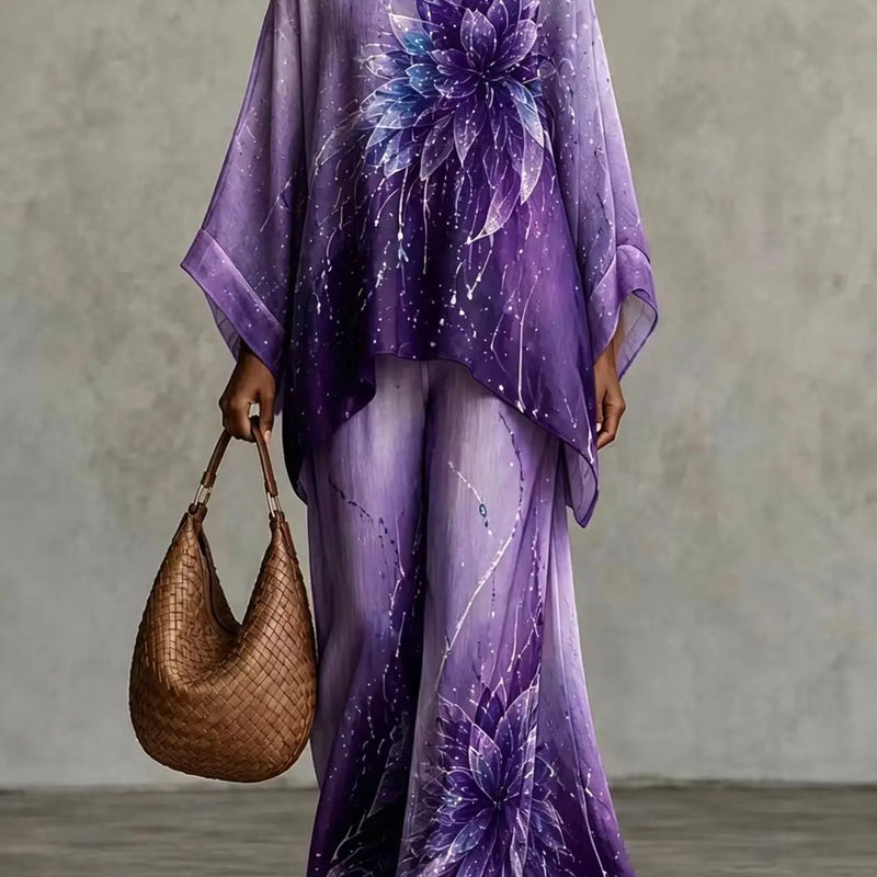 Women 2 Piece Outfit Floral Print Loose Batwing Sleeve Blouse Wide Leg Pants Set Casual Bohemian Vacation Two‑Piece Suit Autumn