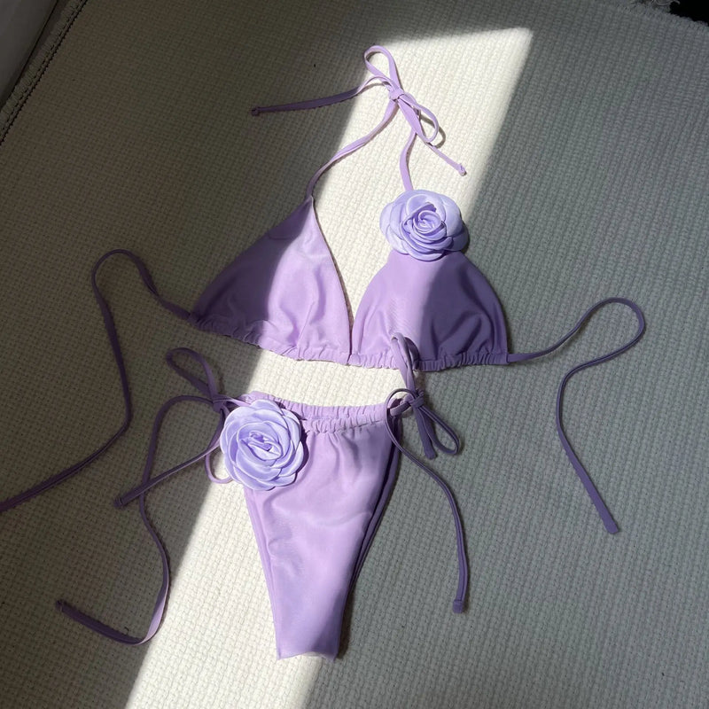 Sexy 3D flower bikinis sets triangle two pieces rose | SAMAG