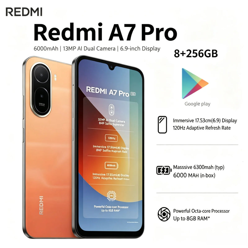 2026 New Official Authentic Product Redmi A7Pro 8 GB RAM 256 GB ROM 6.9' FHD+ Helio G85 Gaming Smartphone Dual 5G VoLTE 5000mAh