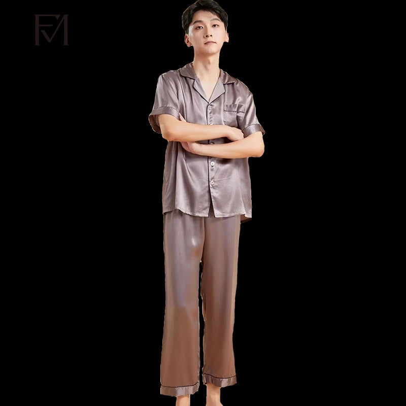 Fimtairah Real 19MMSilk 100% Mulberry Silk Pajamas Men's  Hangzhou Solid Color heavy Silk Home Wear Men's Short sleeve trousers