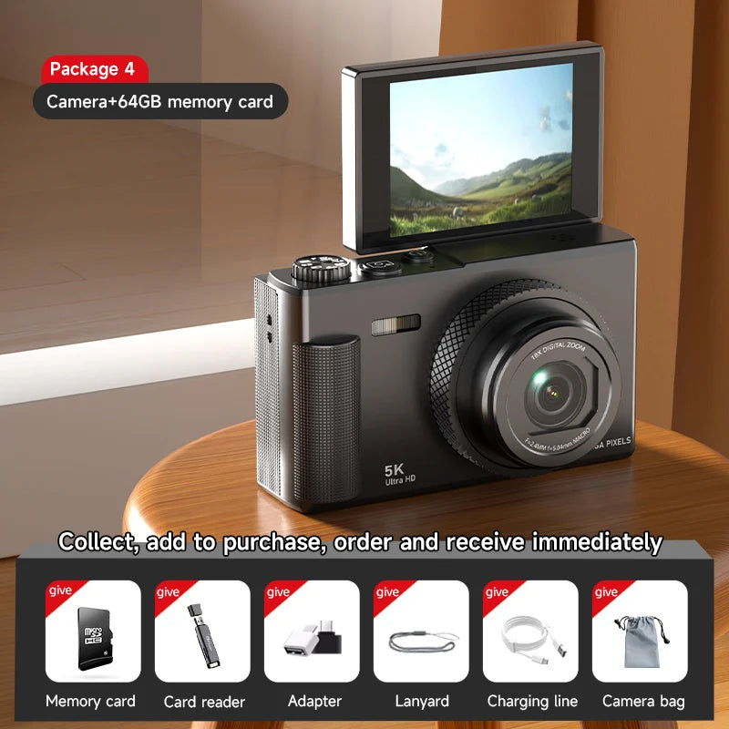 Lenovo Digital Camera 180° Flip Screen 5k Video Vlog Camera 75mp Anti-shake 18x Zoom Portable Body Camera For Students Gifts