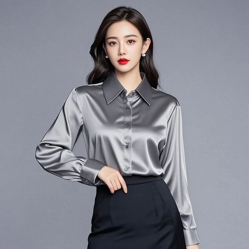 Ele Purple Silk Satin Long Sve Women's irt Profional Faionable Commuting Sle Autumn New Arrival Loose Fit Pol...