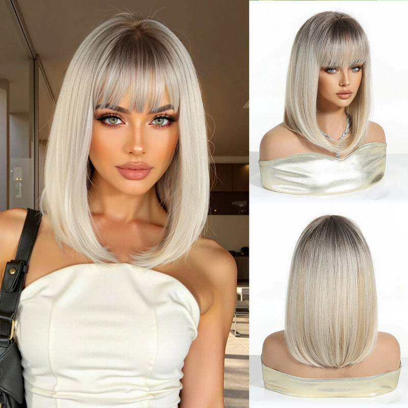 EASIHAIR Short Straight Bob Hair Synthetic Wigs for Women Brown Straight Natural Wigs with Eight Character Bangs Daily Cosplay