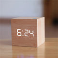 Digital LED Alarm Clock Square Wooden Retro Luminous Clock Desktop Decoration Voice Control Function Desktop Clock