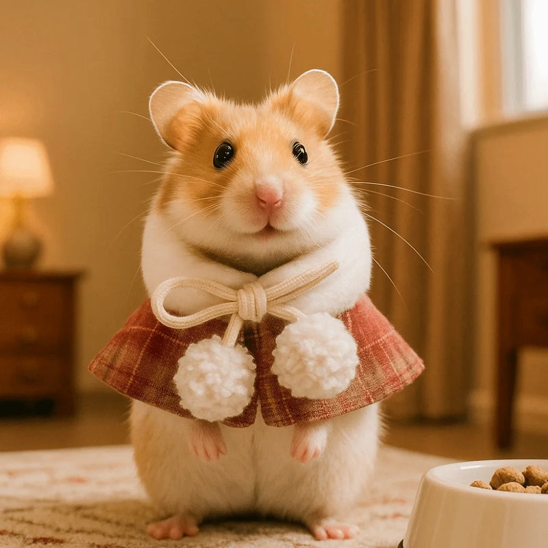 Cute Warm Plaid Hamster Cape Windproof Comfortable Furry Collar Scarf Set Adjustable Pet Transformation Outfit Costume Party