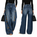Women High Waist Wide Leg Jeans, Side Cutout Eyelet Rivet Denim Pants Loose Fit Hollow Out Flared Trousers Streetwear Fashion Baggy Jeans with Pockets