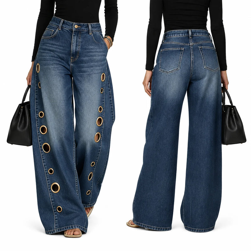 Women High Waist Wide Leg Jeans, Side Cutout Eyelet Rivet Denim Pants Loose Fit Hollow Out Flared Trousers Streetwear Fashion Baggy Jeans with Pockets